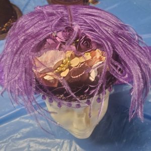 ladies day cap, purple with gold flowers