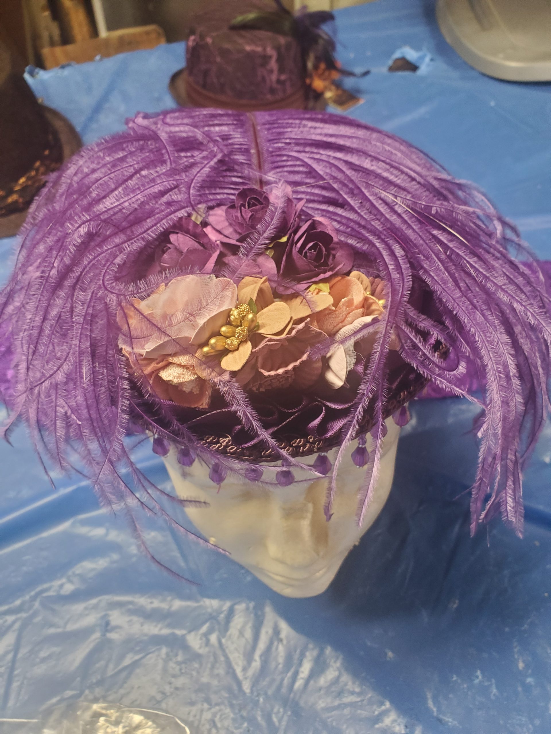 ladies day cap, purple with gold flowers