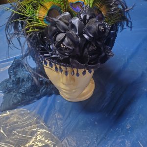 Ladies day cap, blue with blue flowers, peacock feathers