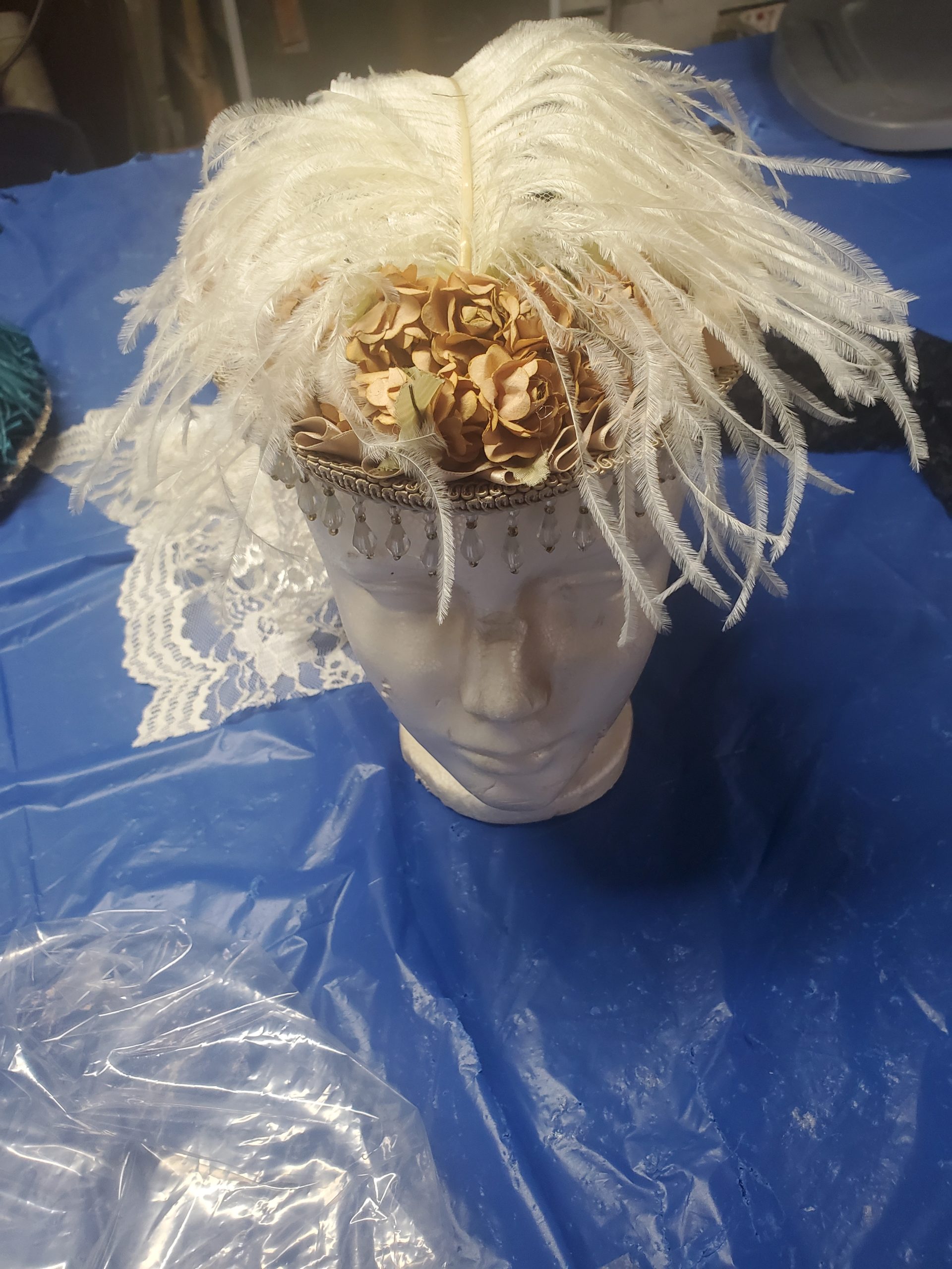 ladies day cap, white, gold flowers