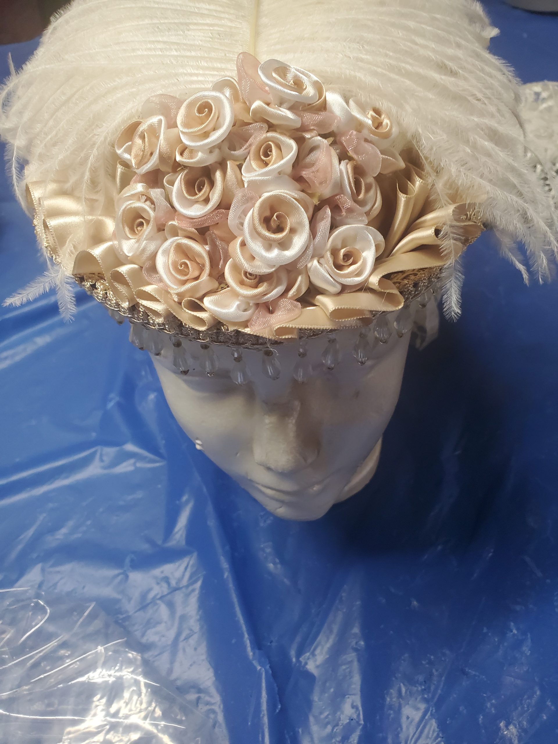 ladies day cap, cream with cream flowers