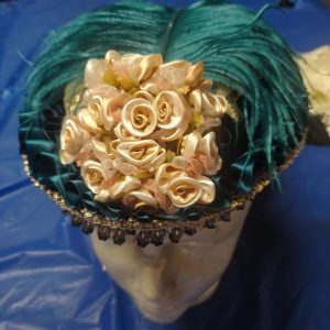 ladies day cap, green with gold flowers