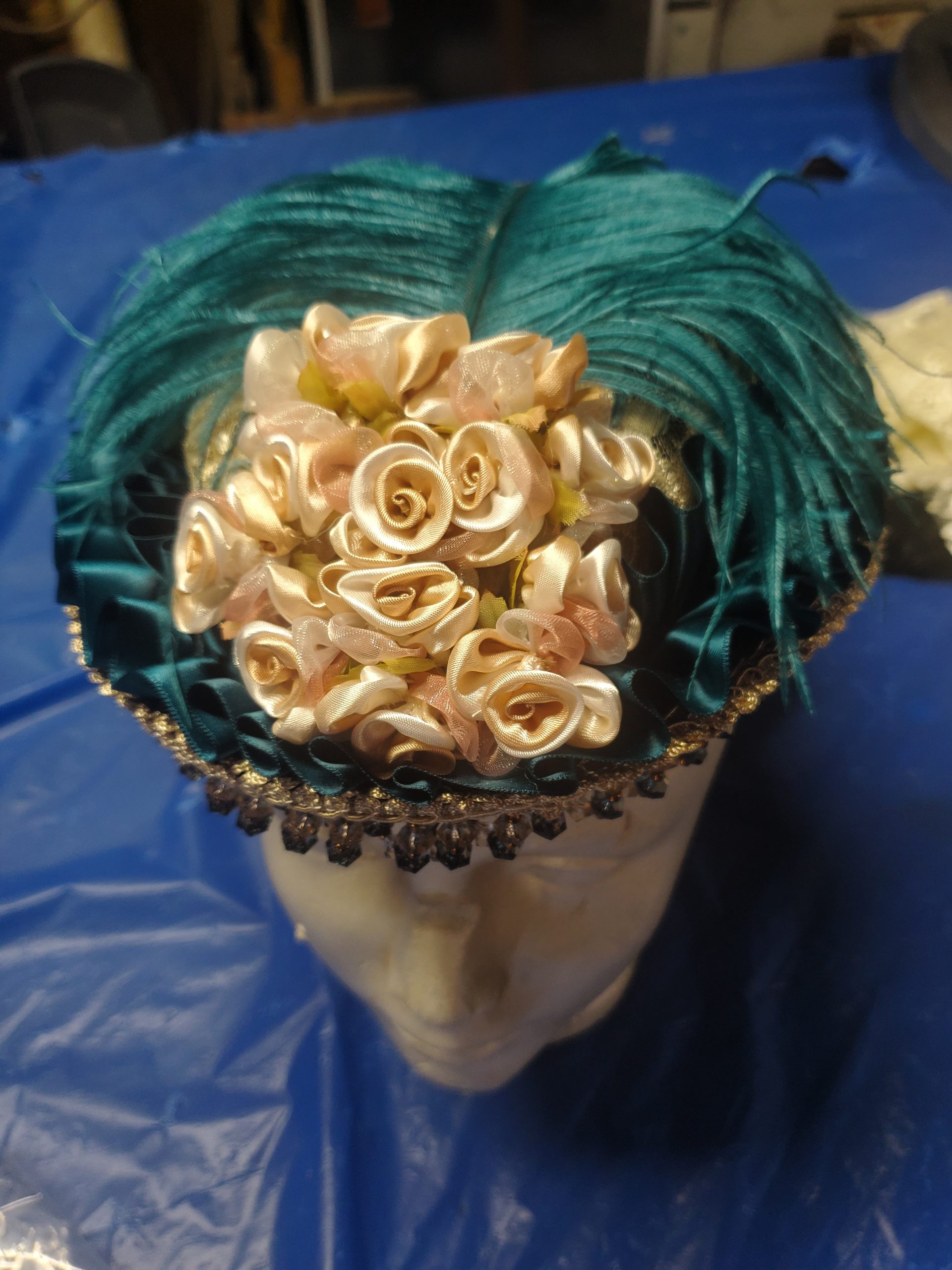 ladies day cap, green with gold flowers