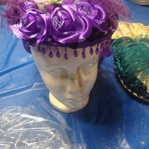 Ladies day cap, purple with purple flowers