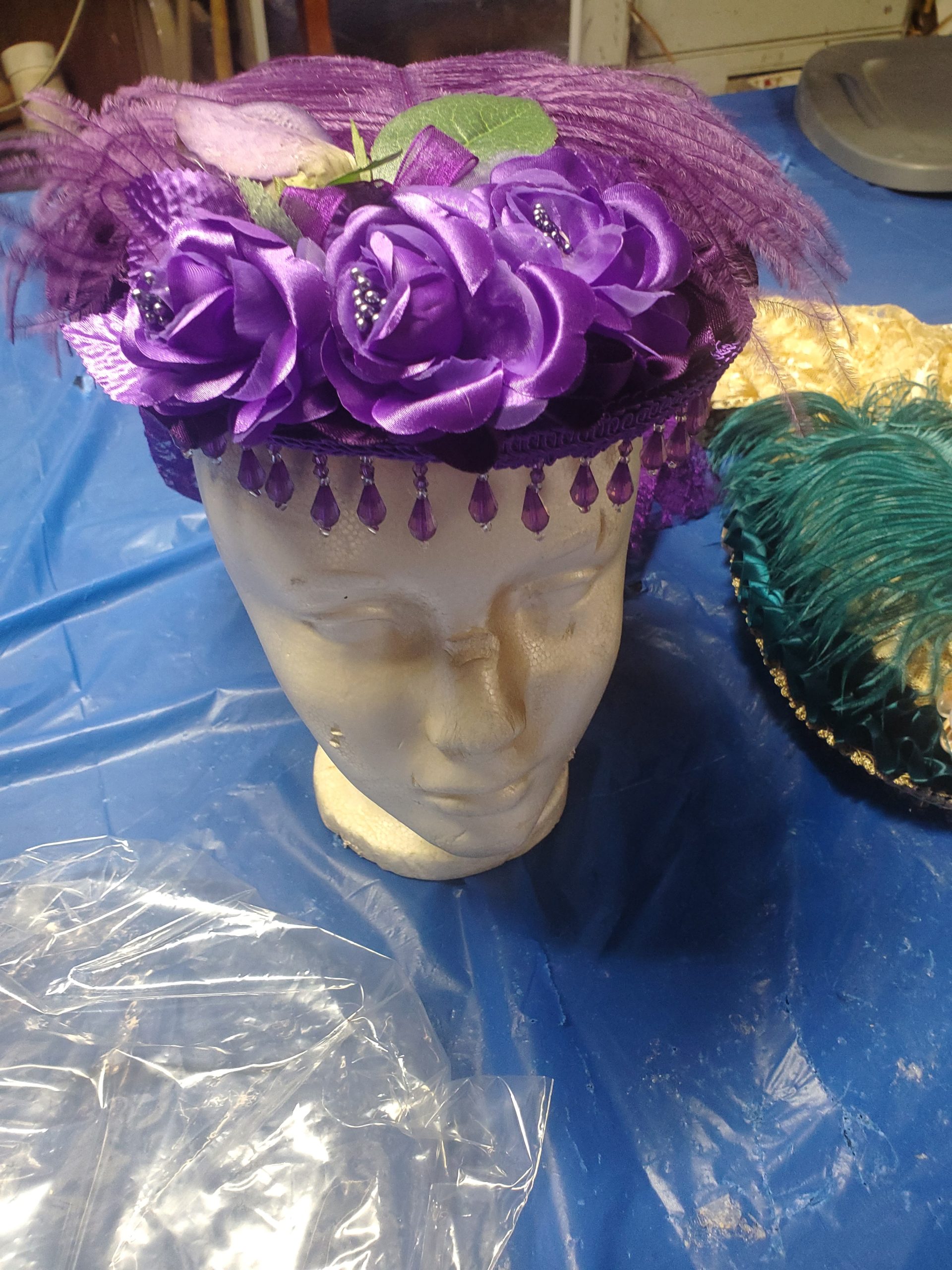 Ladies day cap, purple with purple flowers